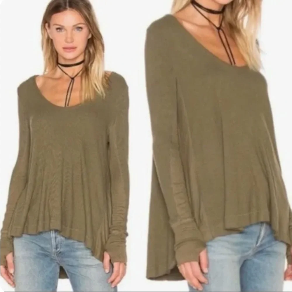 Free People Malibu Thermal‎ Waffle Knit Long Sleeve Olive Thumbholes Medium